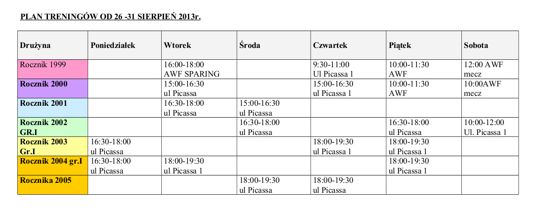 Plan treningów 26-31 sierpień 2013