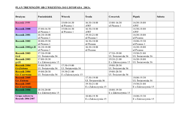 AGAPE Białołęka: Plan treningów - jesień 2013 (boisko)