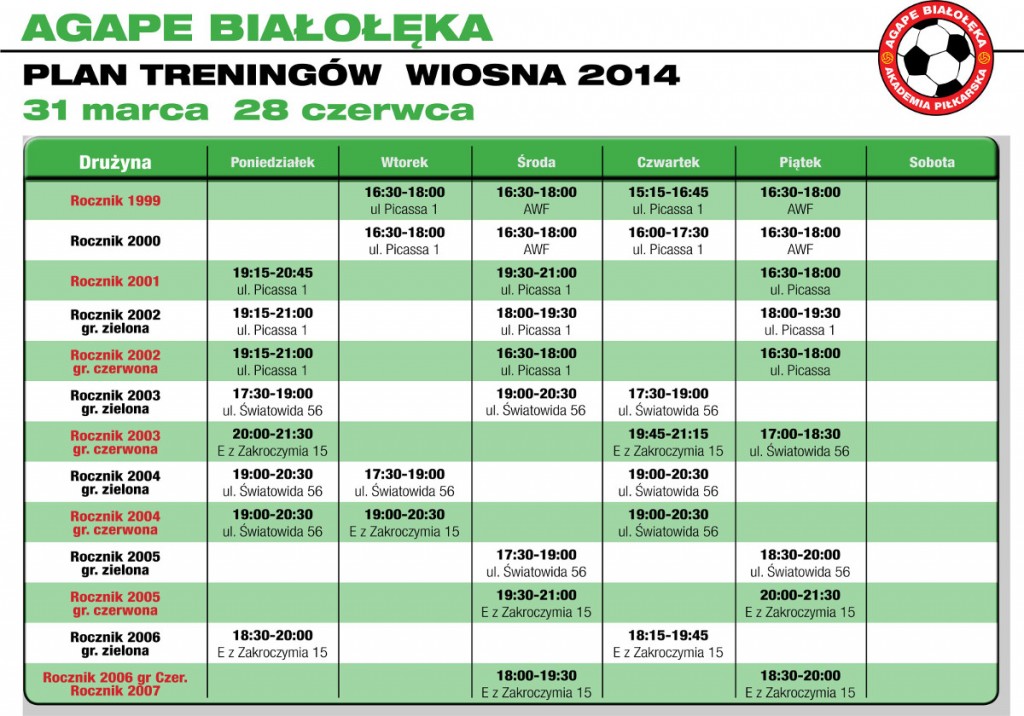 Harmonogram -  Wiosna 2014