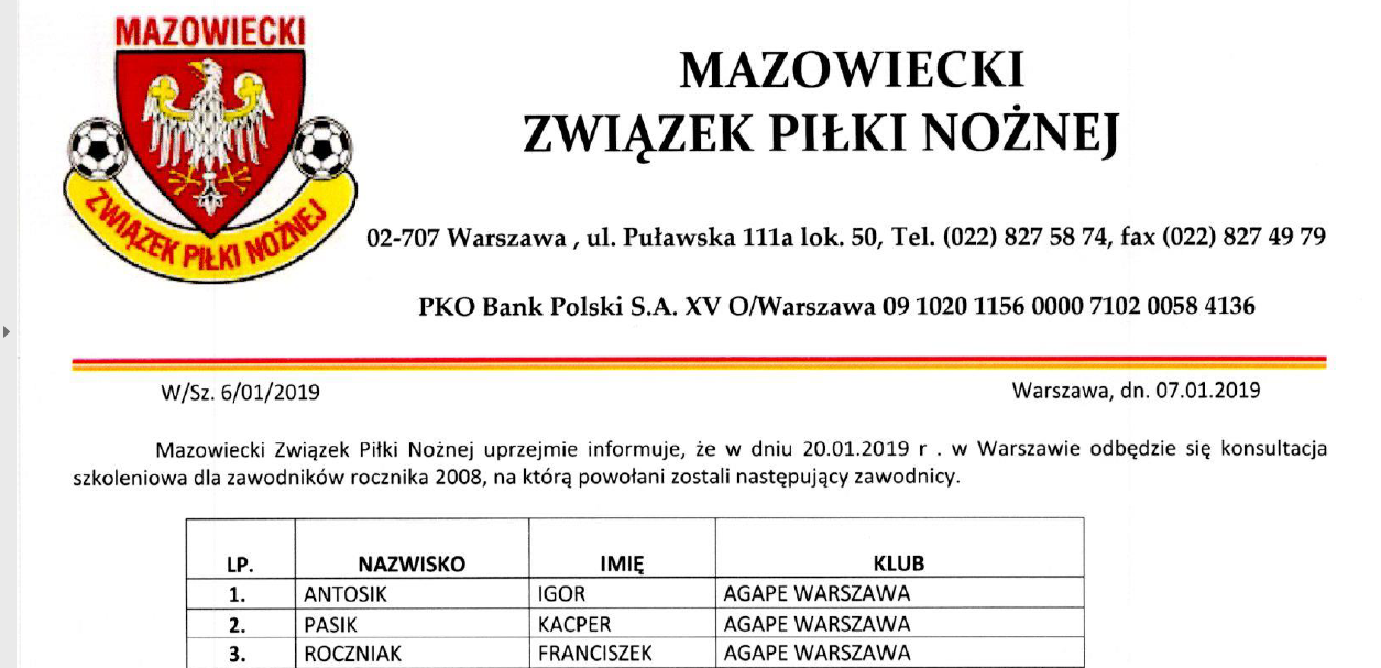 Powołania na konsultacje kadry Mazowsza